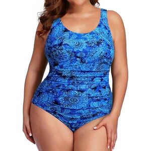 Daci Womens Plus Size 22W Blue Paisley Floral One Piece Swimsuit Ruched New